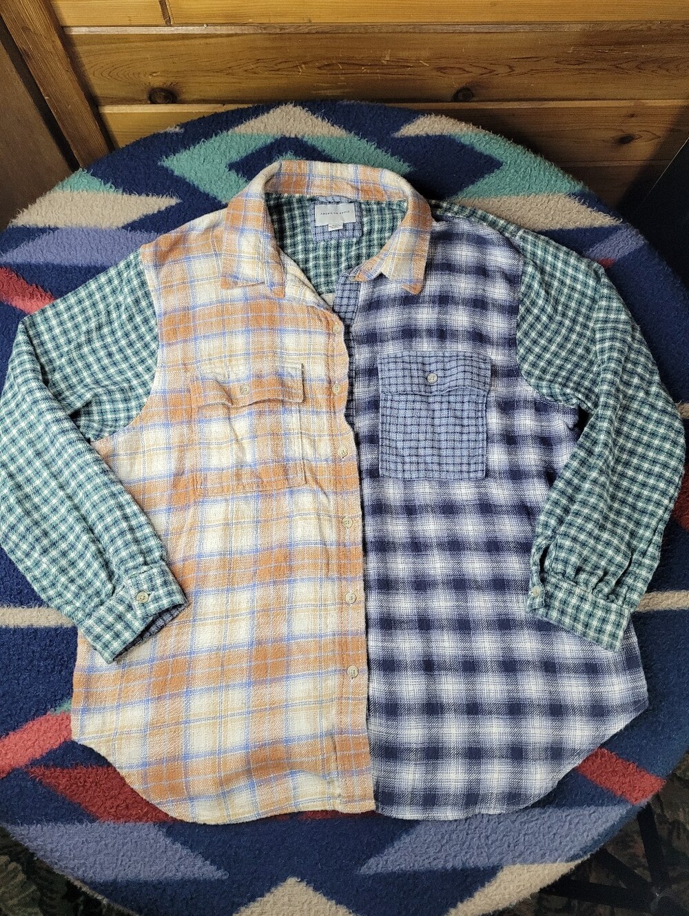 American Eagle Patchwork Plaid Shirt Womens Medium Button Up Long Sleeve
